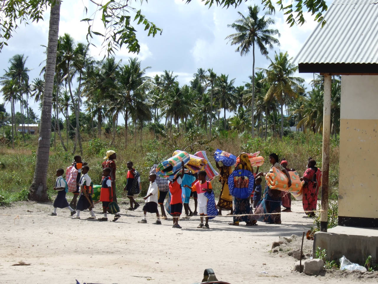 A group of children and women walking together through a rural outdoor area, carrying bed kits along a path lined with palm trees and nearby buildings.